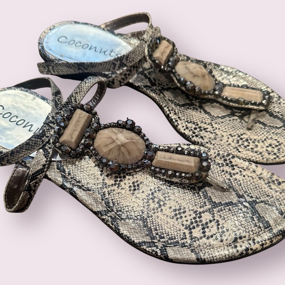 Coconuts Cream and Black Snakeskin Print Sandals with Jewel Details - Picture 6 of 9